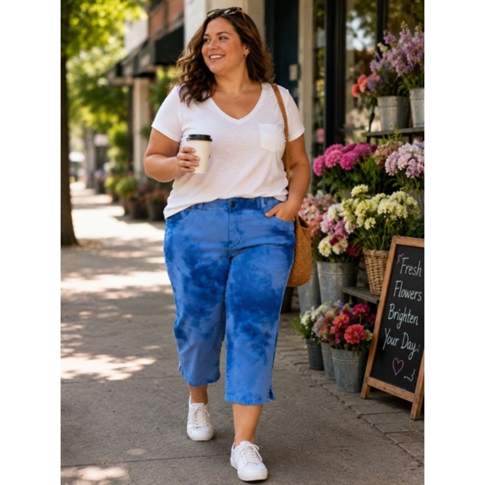 Lane Bryant Blue Tie Dye Capri Pants French Terry Cropped Trousers Womens 18